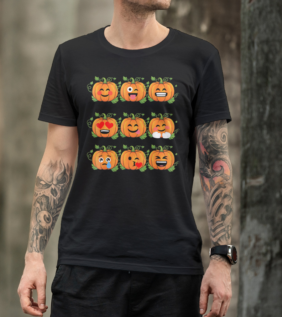 Pumpkin Emoji Faces Smiling Laughing Heart Eyes Winking Funny Expressions T-Shirt