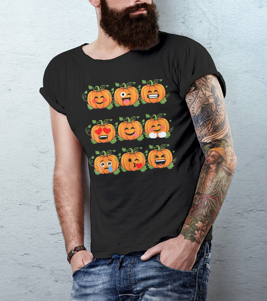 Pumpkin Emoji Faces Smiling Laughing Heart Eyes Winking Funny Expressions T-Shirt