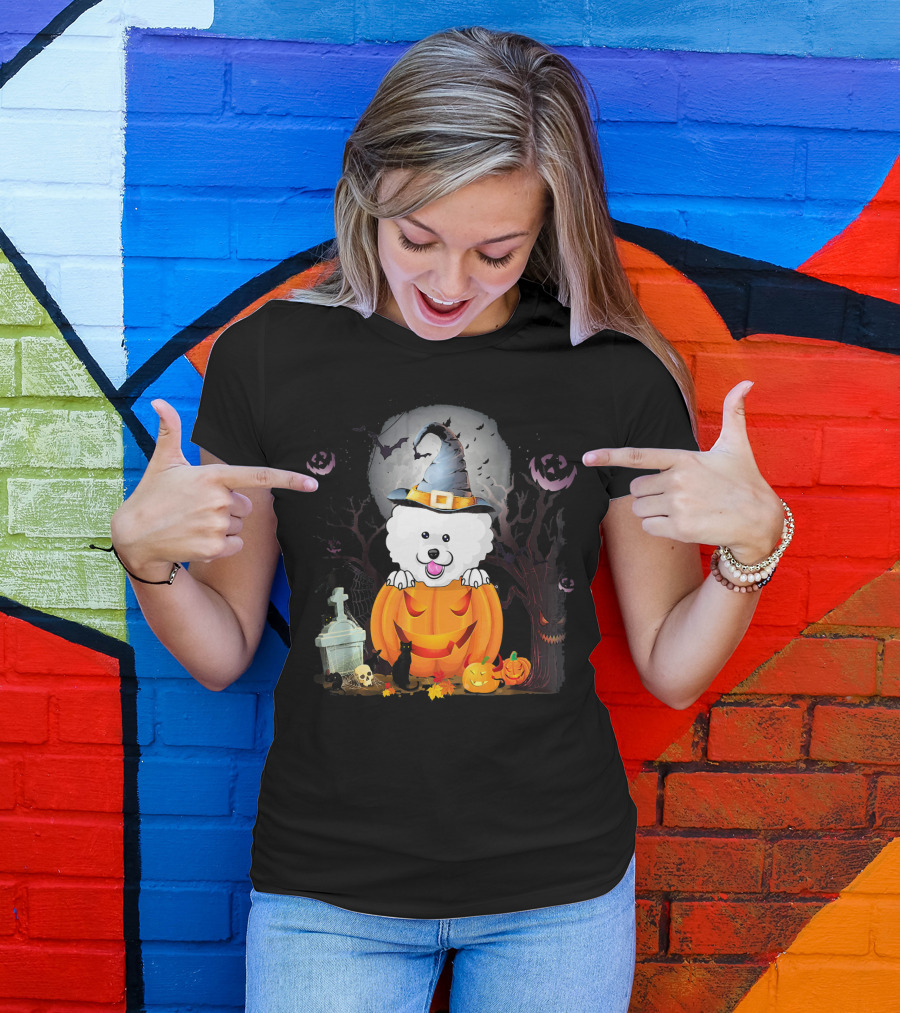 Bichon Frise Dog In Witch Hat With Halloween Pumpkin And Black Cat T-Shirt