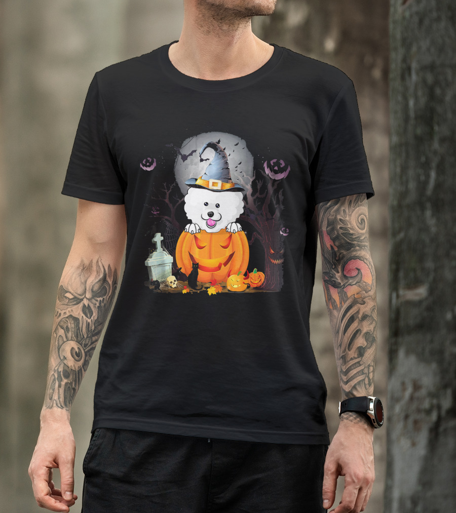 Bichon Frise Dog In Witch Hat With Halloween Pumpkin And Black Cat T-Shirt