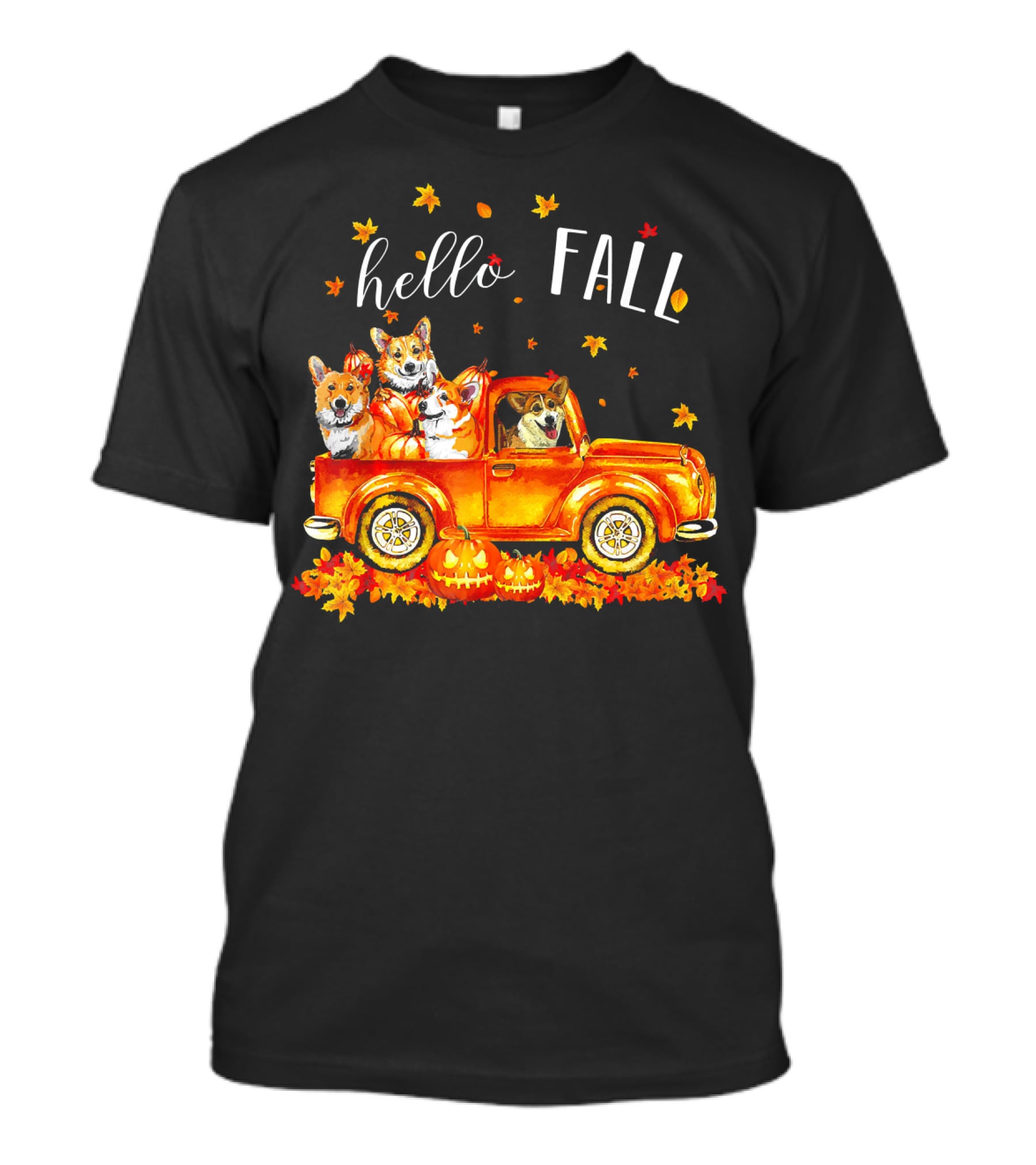 Hello Fall Corgis In Truck With Pumpkins And Leaves T-Shirt