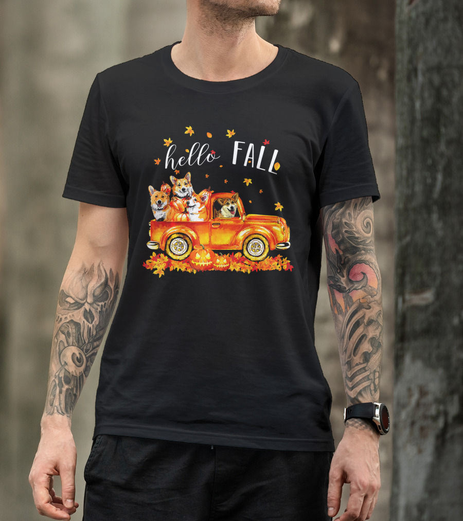 Hello Fall Corgis In Truck With Pumpkins And Leaves T-Shirt