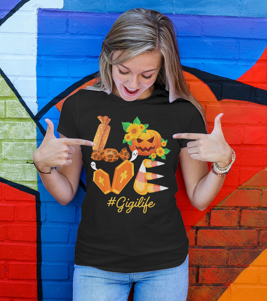 Love Gigi Life Halloween Pumpkin Sunflower Candy Corn Ghosts T-Shirt