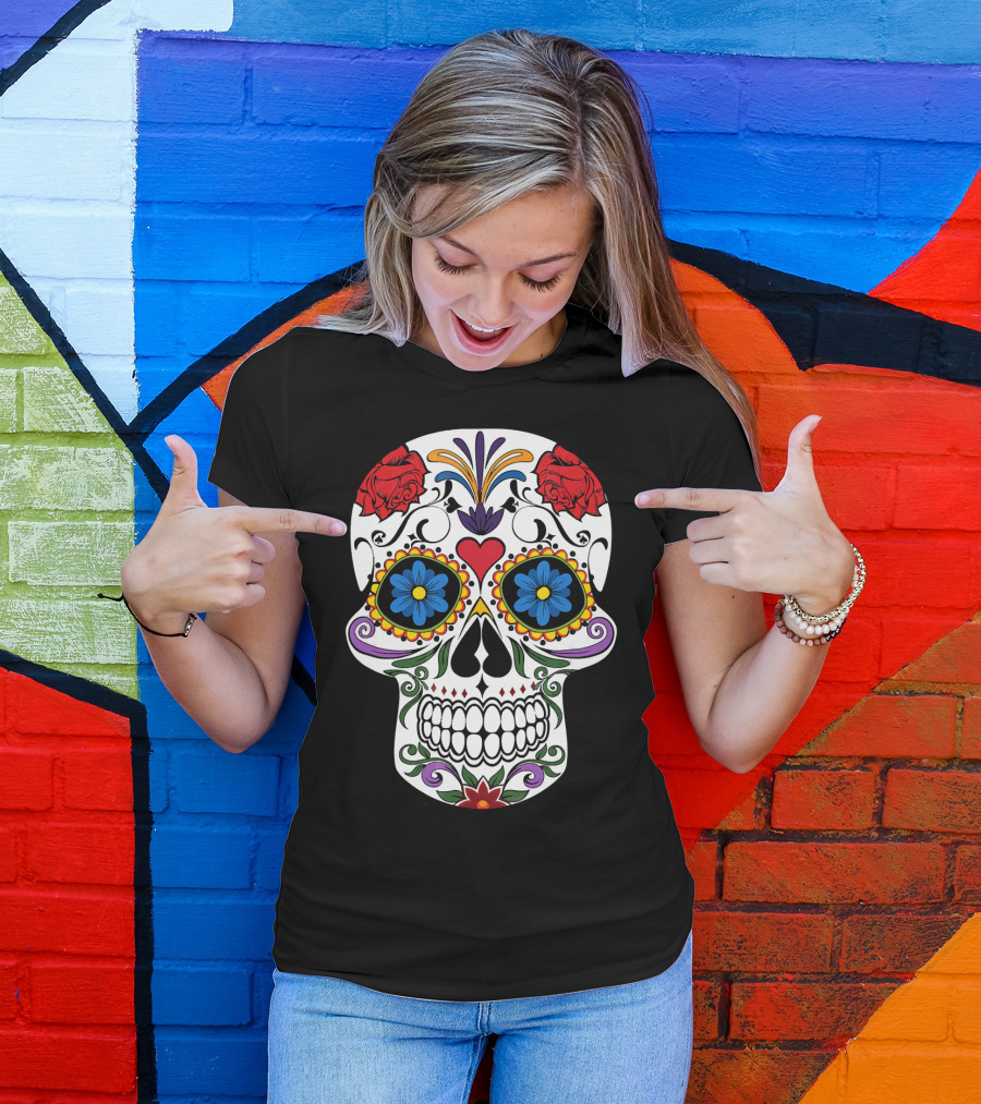Day Of Dead Sugar Skull With Roses And Flowers T-Shirt