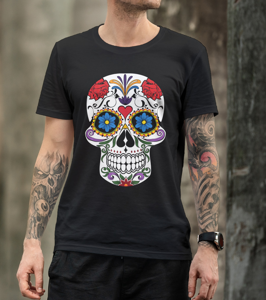 Day Of Dead Sugar Skull With Roses And Flowers T-Shirt
