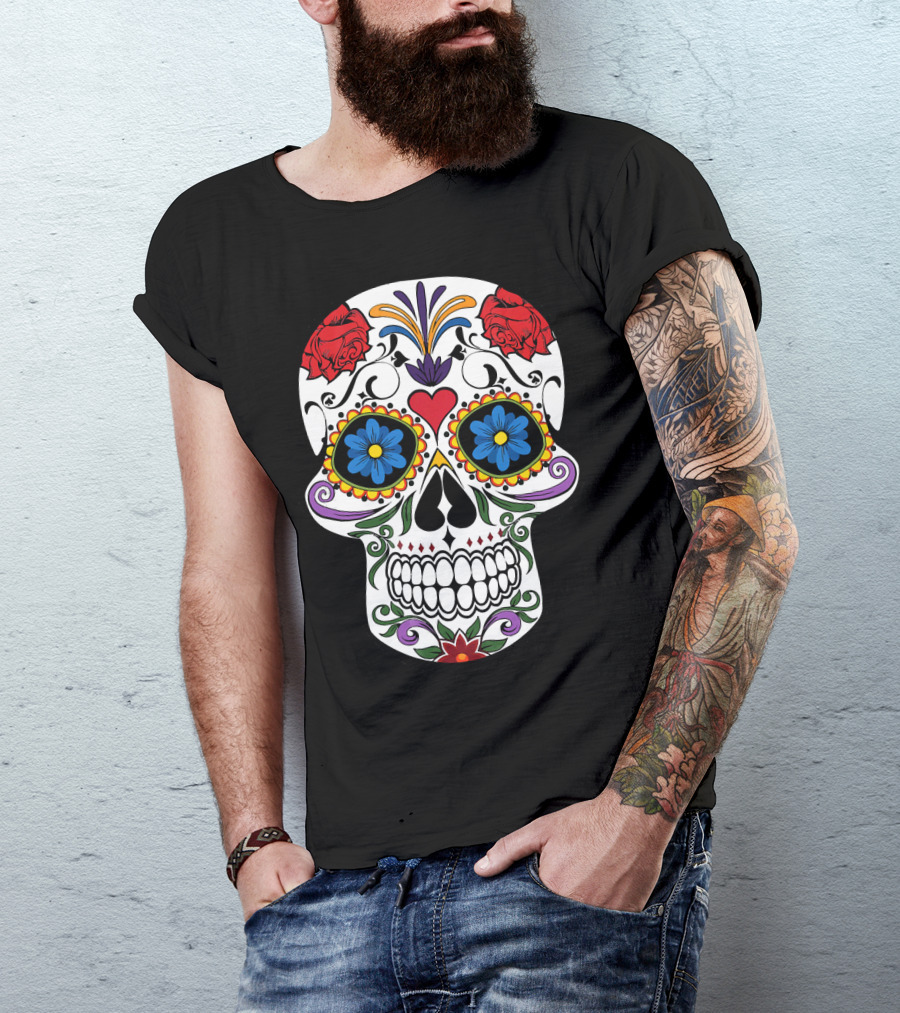 Day Of Dead Sugar Skull With Roses And Flowers T-Shirt