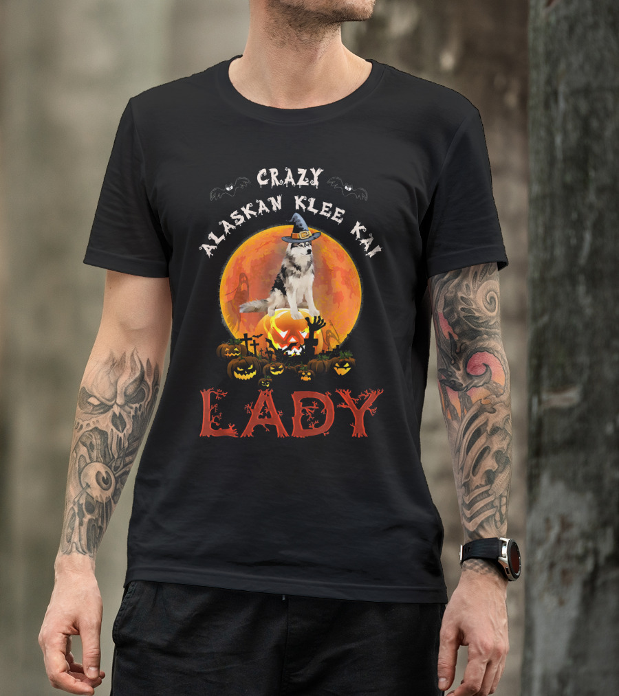 Crazy Alaskan Klee Kai Lady Halloween Moon Pumpkin Graveyard T-Shirt