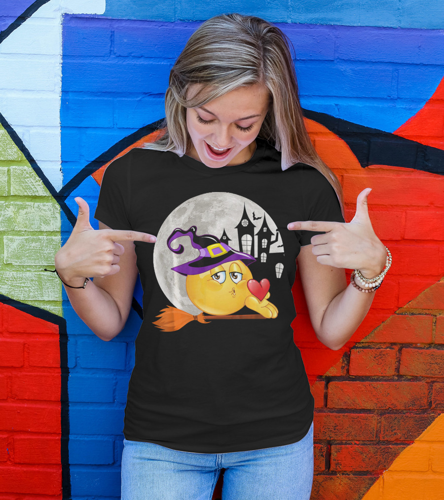 Kissing Face Emoji Witch Hat Broomstick With Heart In Front Of Spooky House And Full Moon T-Shirt