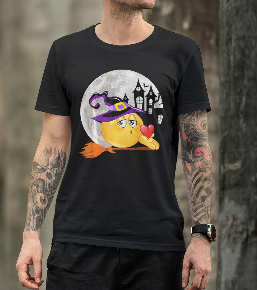 Kissing Face Emoji Witch Hat Broomstick With Heart In Front Of Spooky House And Full Moon T-Shirt