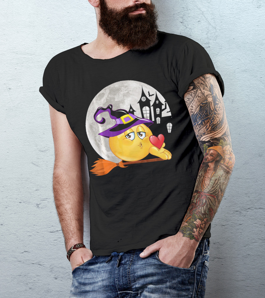 Kissing Face Emoji Witch Hat Broomstick With Heart In Front Of Spooky House And Full Moon T-Shirt