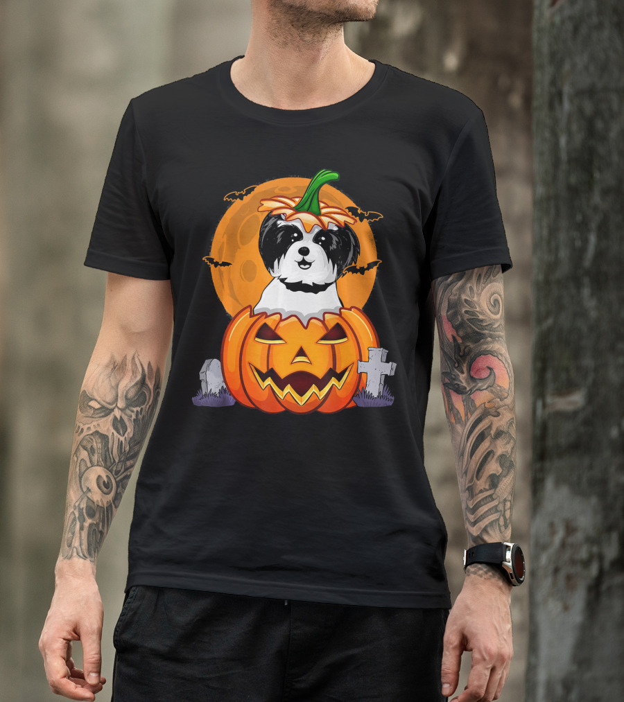 Funny Shih Tzu Pumpkin Halloween Moon Bats Graveyard T-Shirt