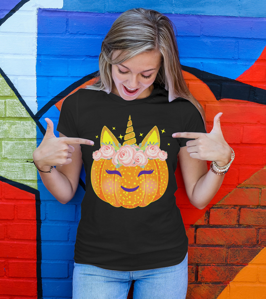 Smiling Unicorn Pumpkin With Flowers And Stars T-Shirt