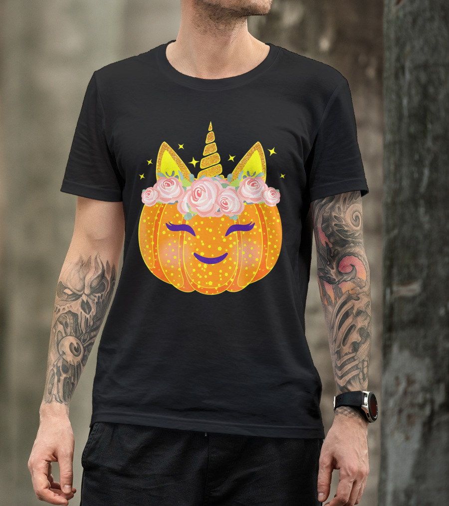 Smiling Unicorn Pumpkin With Flowers And Stars T-Shirt