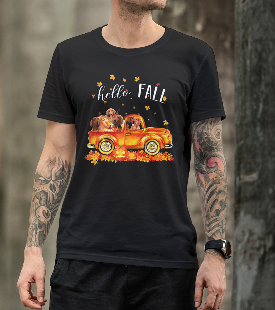 Hello Fall Dachshund Pumpkins Leaves Truck T-Shirt