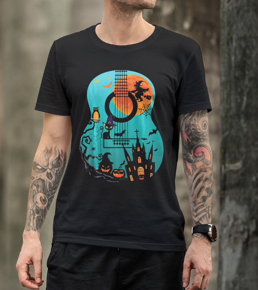 Guitar Lover Scary Halloween Pumpkin Music Witch Castle Cat Owl Bats Moon T-Shirt