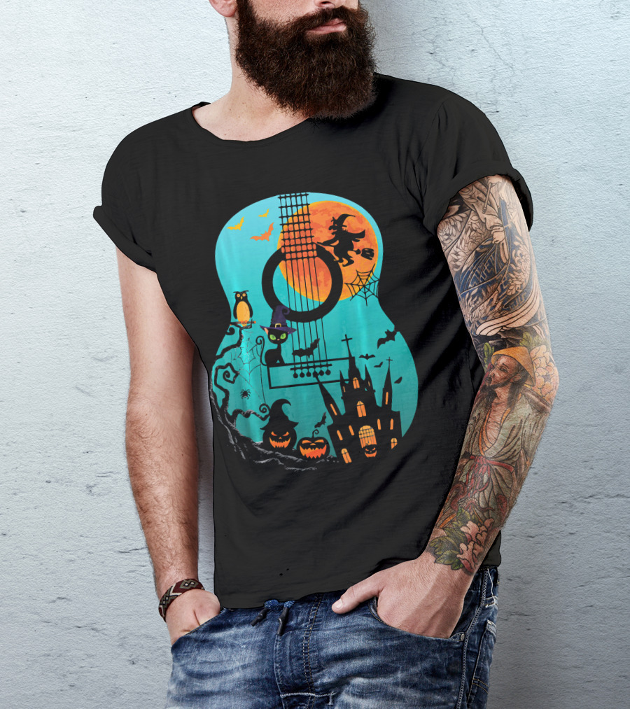 Guitar Lover Scary Halloween Pumpkin Music Witch Castle Cat Owl Bats Moon T-Shirt