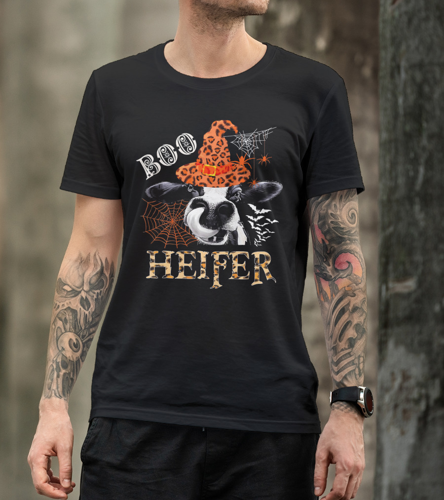 Boo Heifer Cute Leopard Cow Witch Halloween Spiders Bats Webs T-Shirt