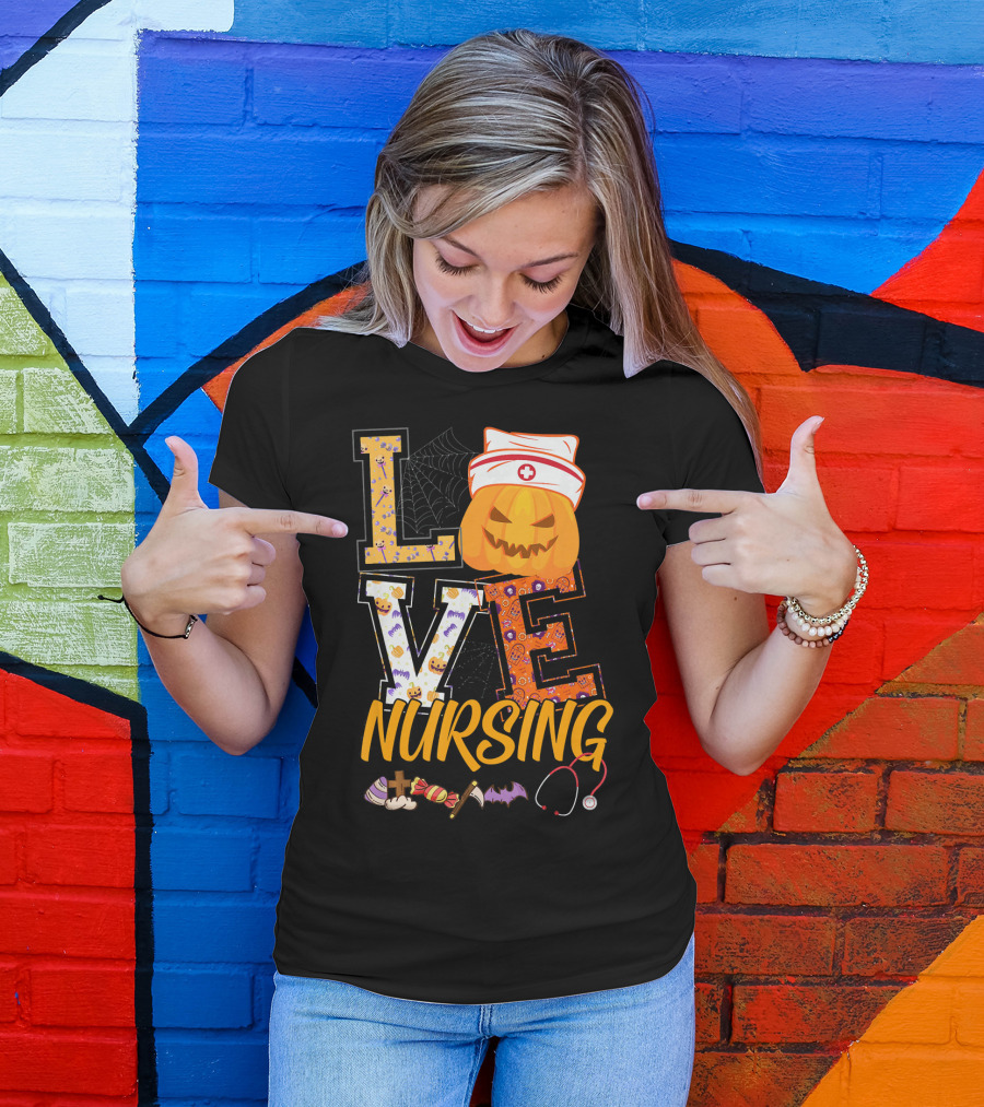 LOVE Nursing Pumpkin Halloween Nurse Stethoscope Spider Web Bat Candy T-Shirt