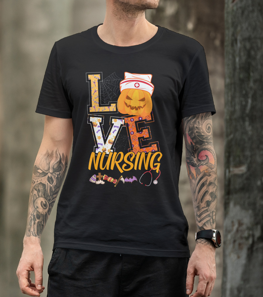 LOVE Nursing Pumpkin Halloween Nurse Stethoscope Spider Web Bat Candy T-Shirt