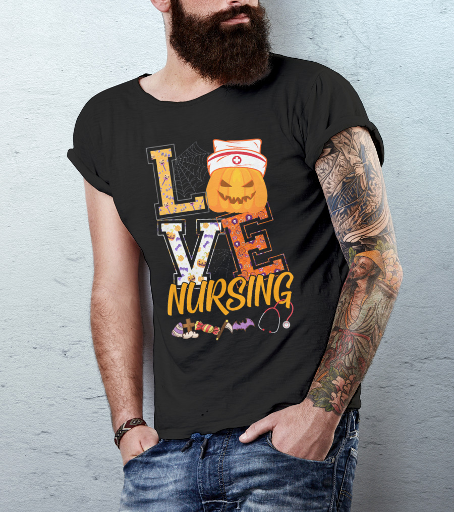 LOVE Nursing Pumpkin Halloween Nurse Stethoscope Spider Web Bat Candy T-Shirt
