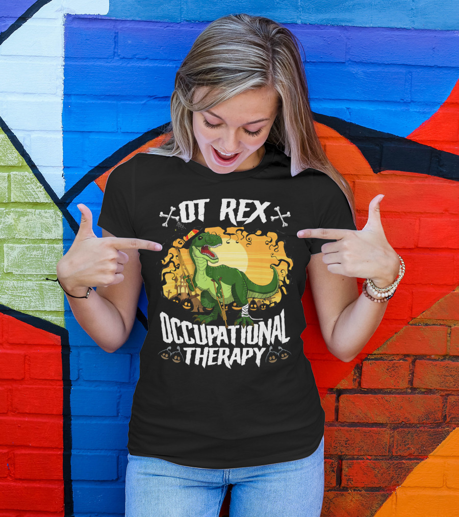 OT Rex Occupational Therapy Halloween Dinosaur With Crutches And Bandages T-Shirt