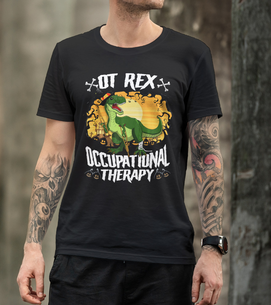 OT Rex Occupational Therapy Halloween Dinosaur With Crutches And Bandages T-Shirt