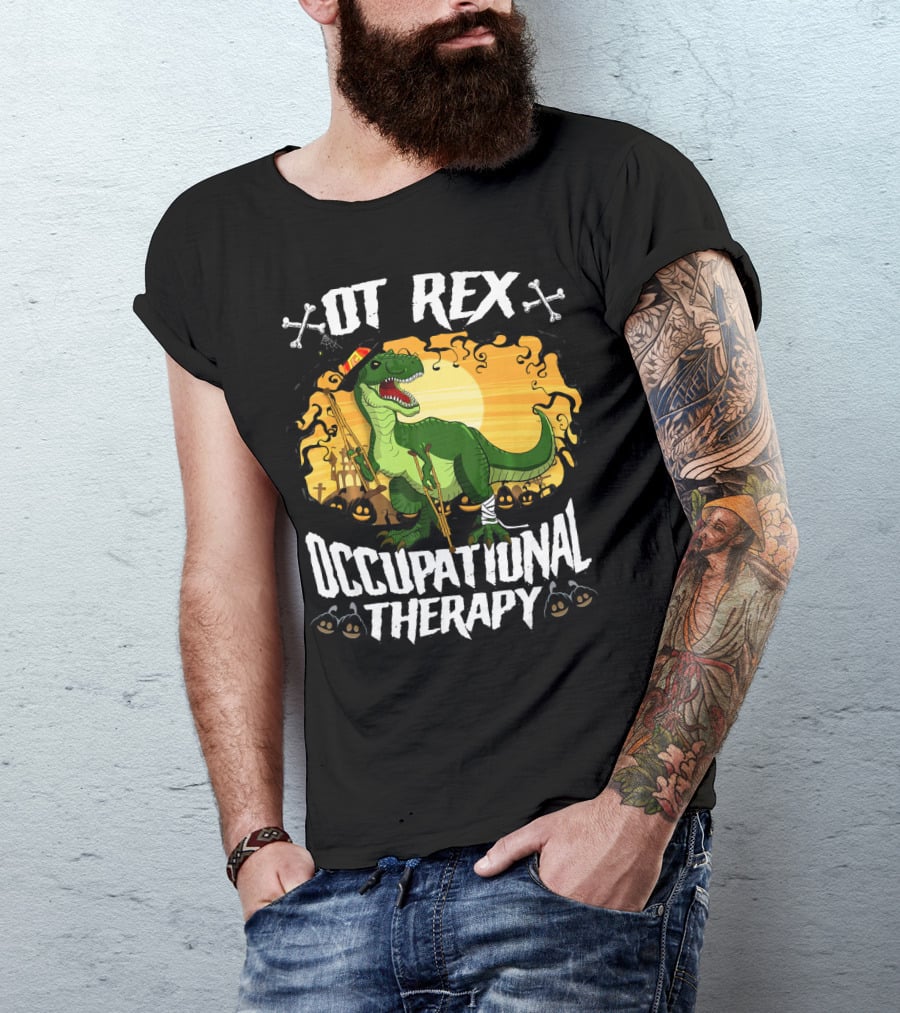 OT Rex Occupational Therapy Halloween Dinosaur With Crutches And Bandages T-Shirt