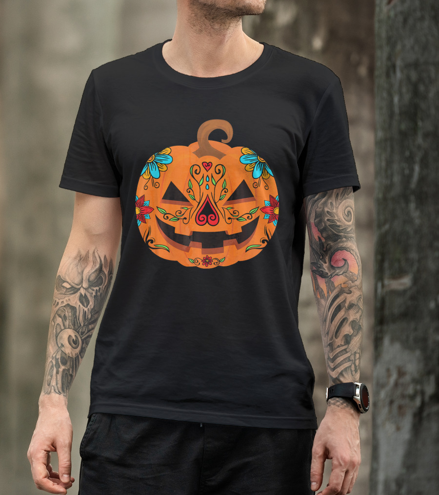 Pumpkin Sugar Skull Halloween Jack-O'-Lantern Floral T-Shirt