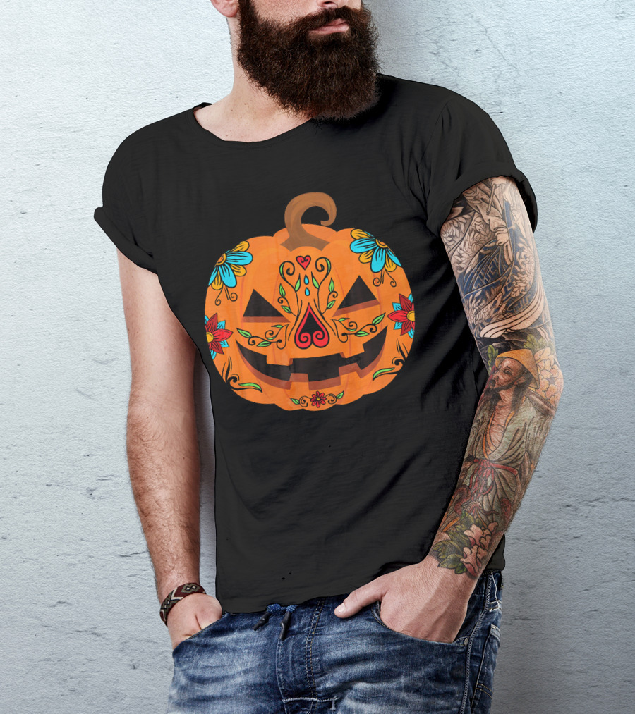 Pumpkin Sugar Skull Halloween Jack-O'-Lantern Floral T-Shirt