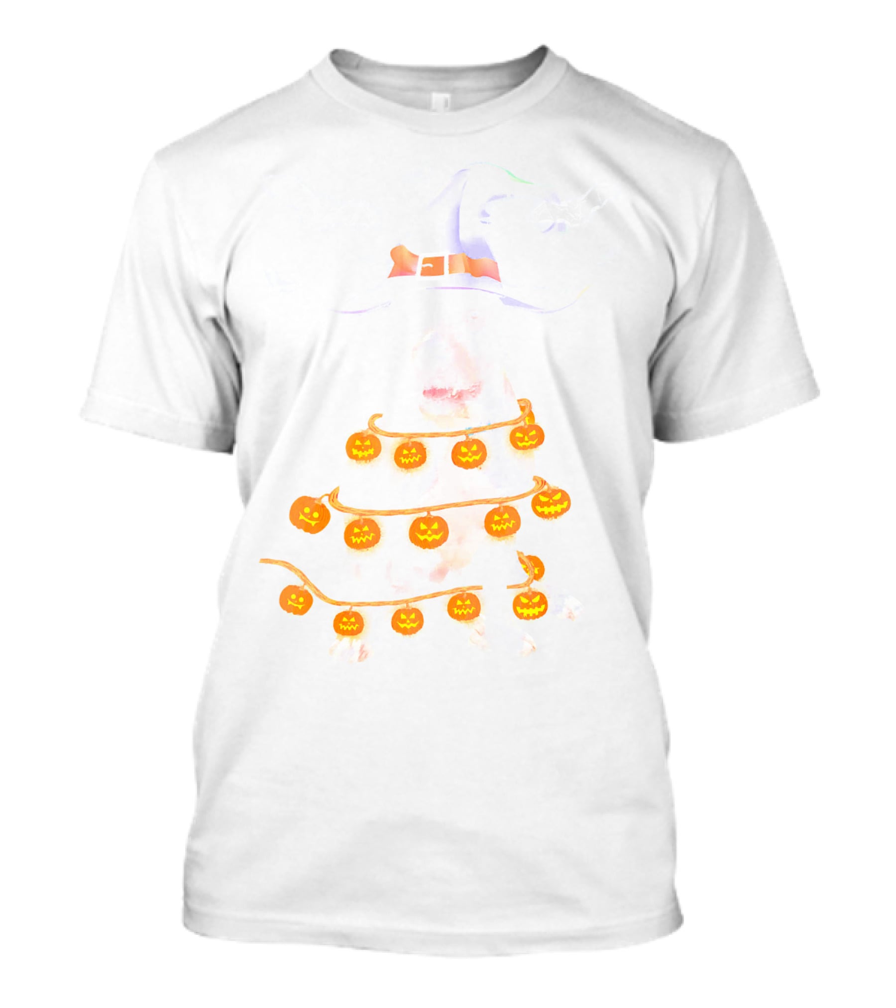 Pitbull Wrapped In Pumpkin Lights With Witch Hat And Bats Halloween T-Shirt