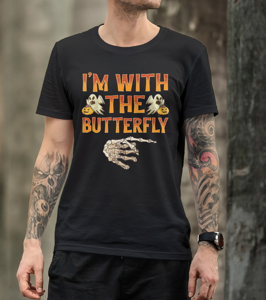 I'm With The Butterfly Ghosts Skeleton Hand Pumpkins T-Shirt