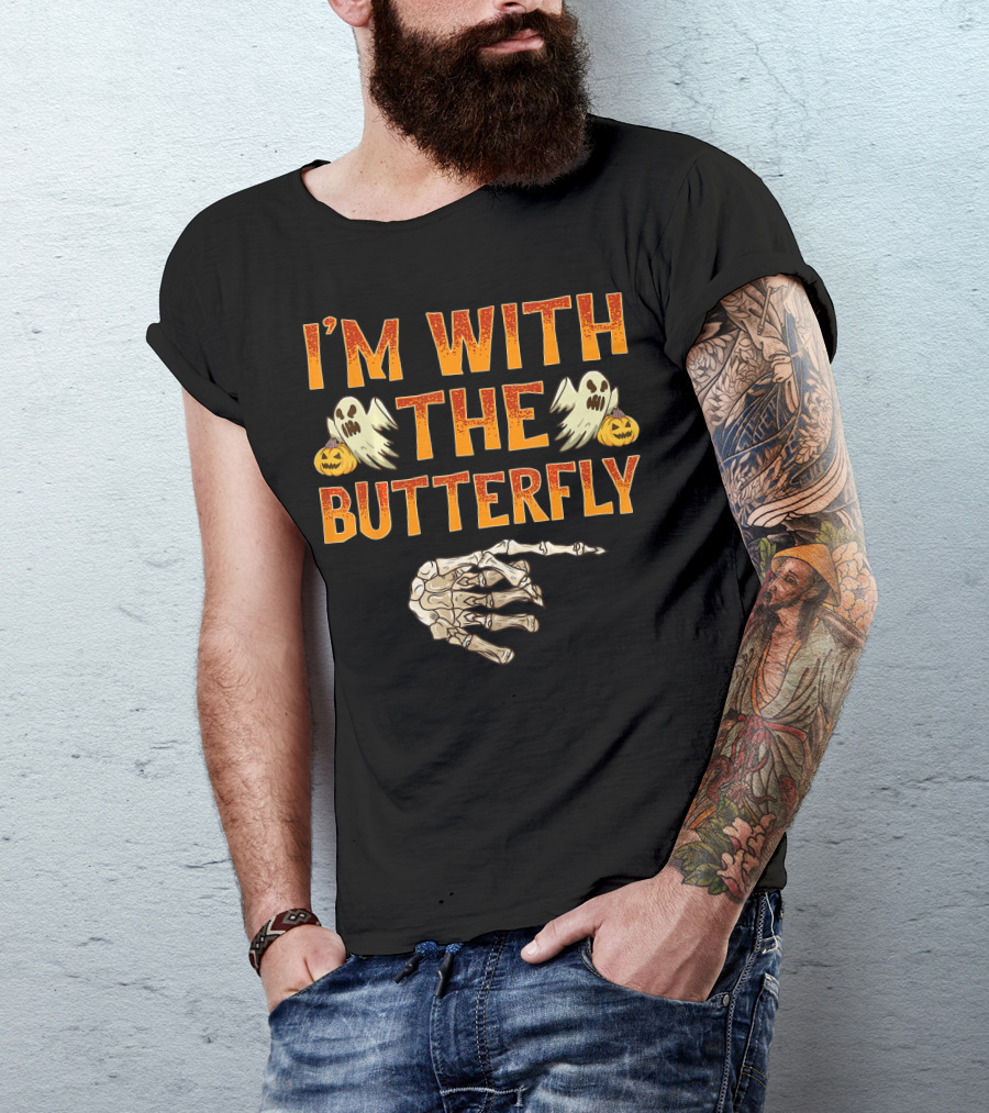 I'm With The Butterfly Ghosts Skeleton Hand Pumpkins T-Shirt