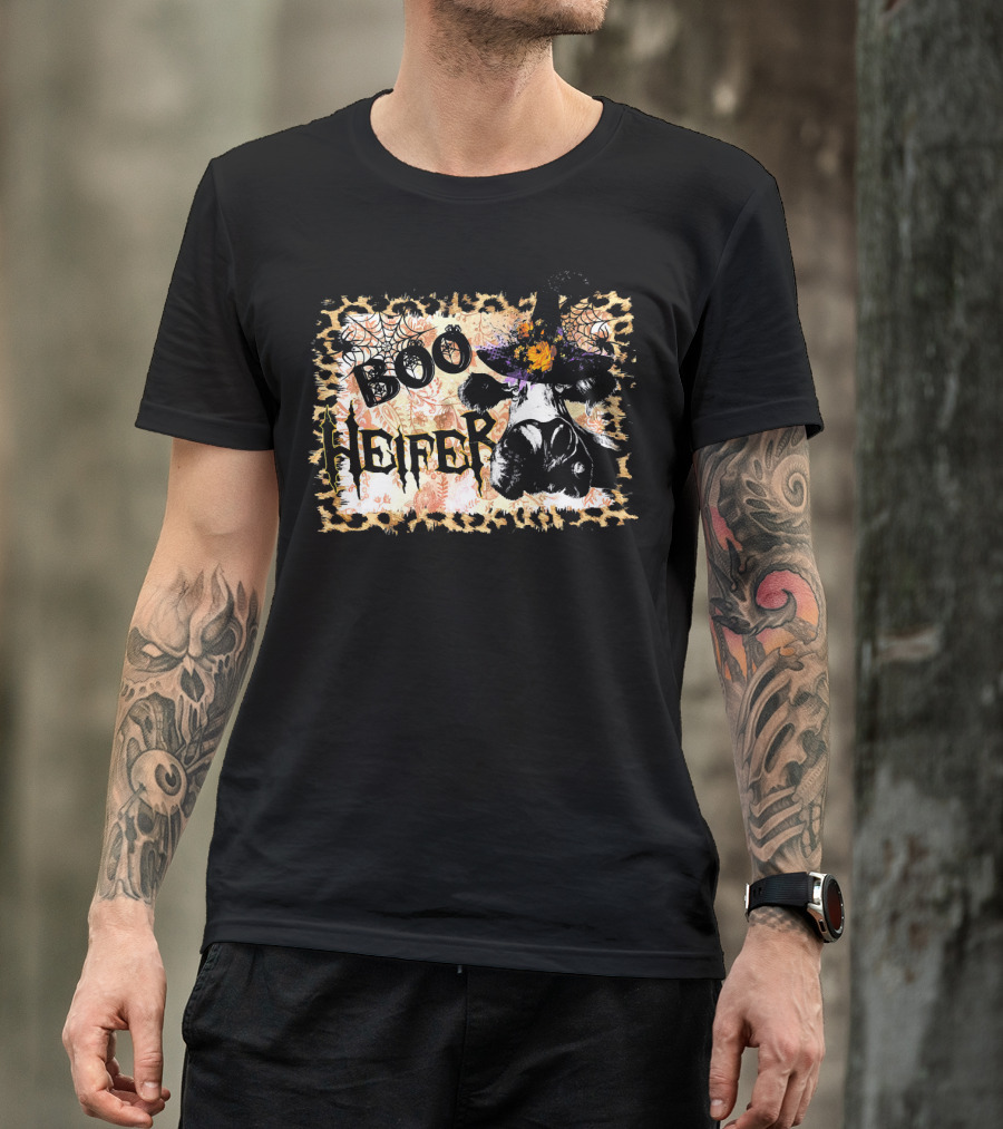 Boo Heifer Halloween Witch Hat Cow With Spider Webs T-Shirt