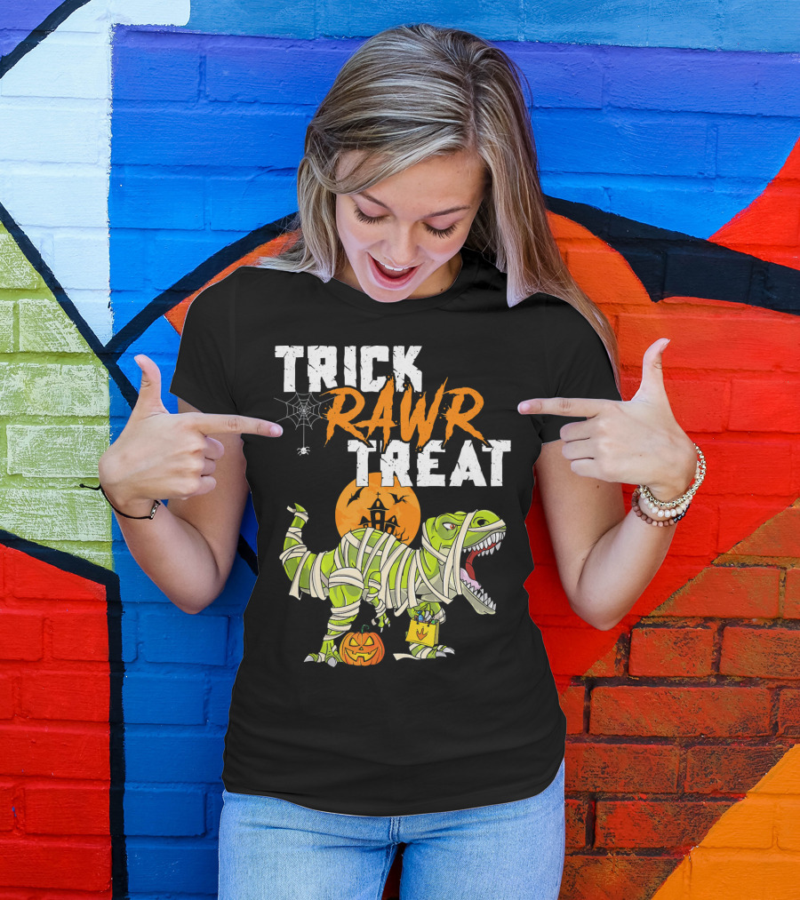 Trick Rawr Treat Dinosaur Mummy Halloween Rex Jack-O'-Lantern T-Shirt