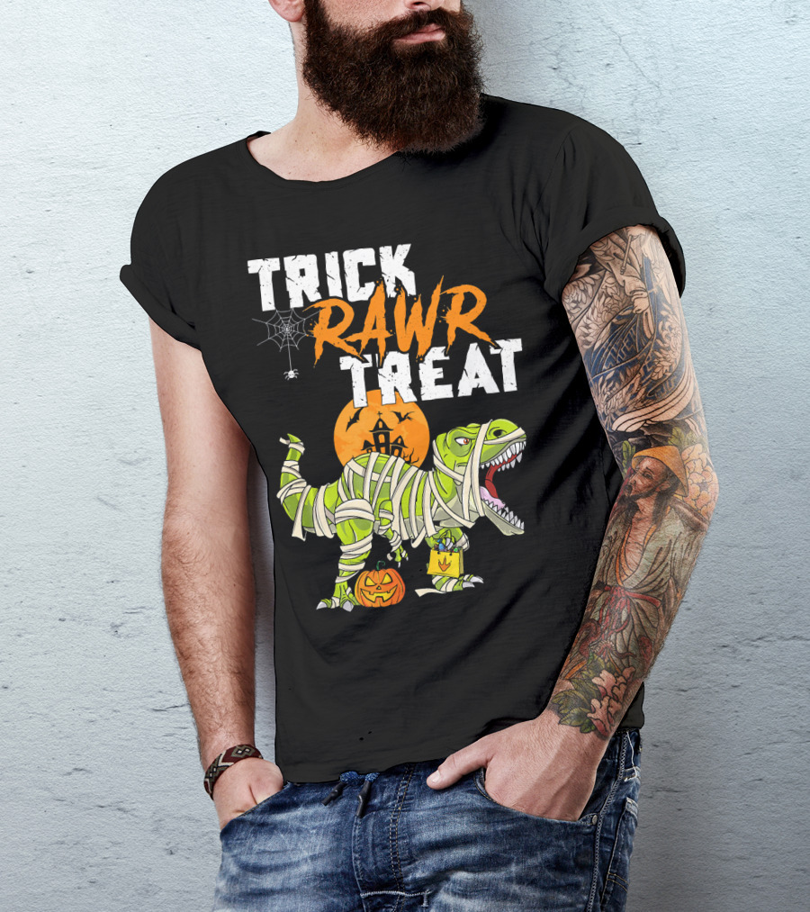 Trick Rawr Treat Dinosaur Mummy Halloween Rex Jack-O'-Lantern T-Shirt