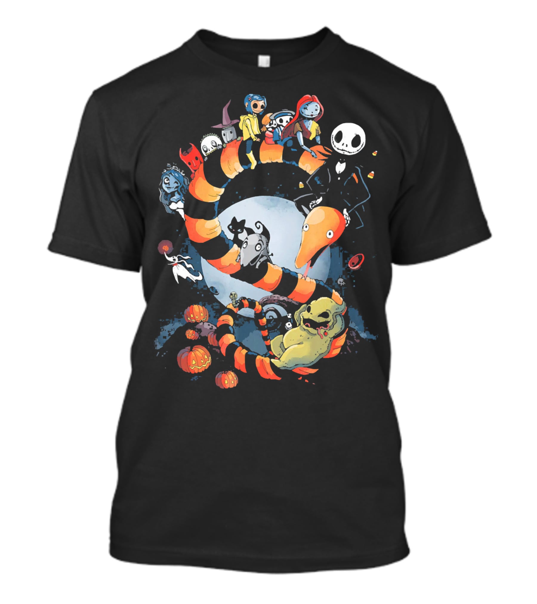 Nightmare Before Christmas Characters Riding Sandworm In Moonlit Halloween Scene T-Shirt