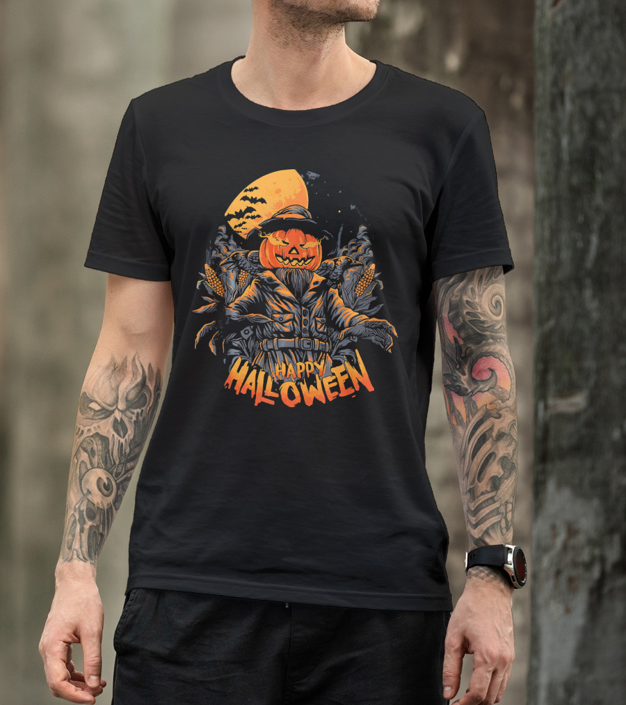 Happy Halloween Scarecrow Pumpkin Moonlit Scene T-Shirt