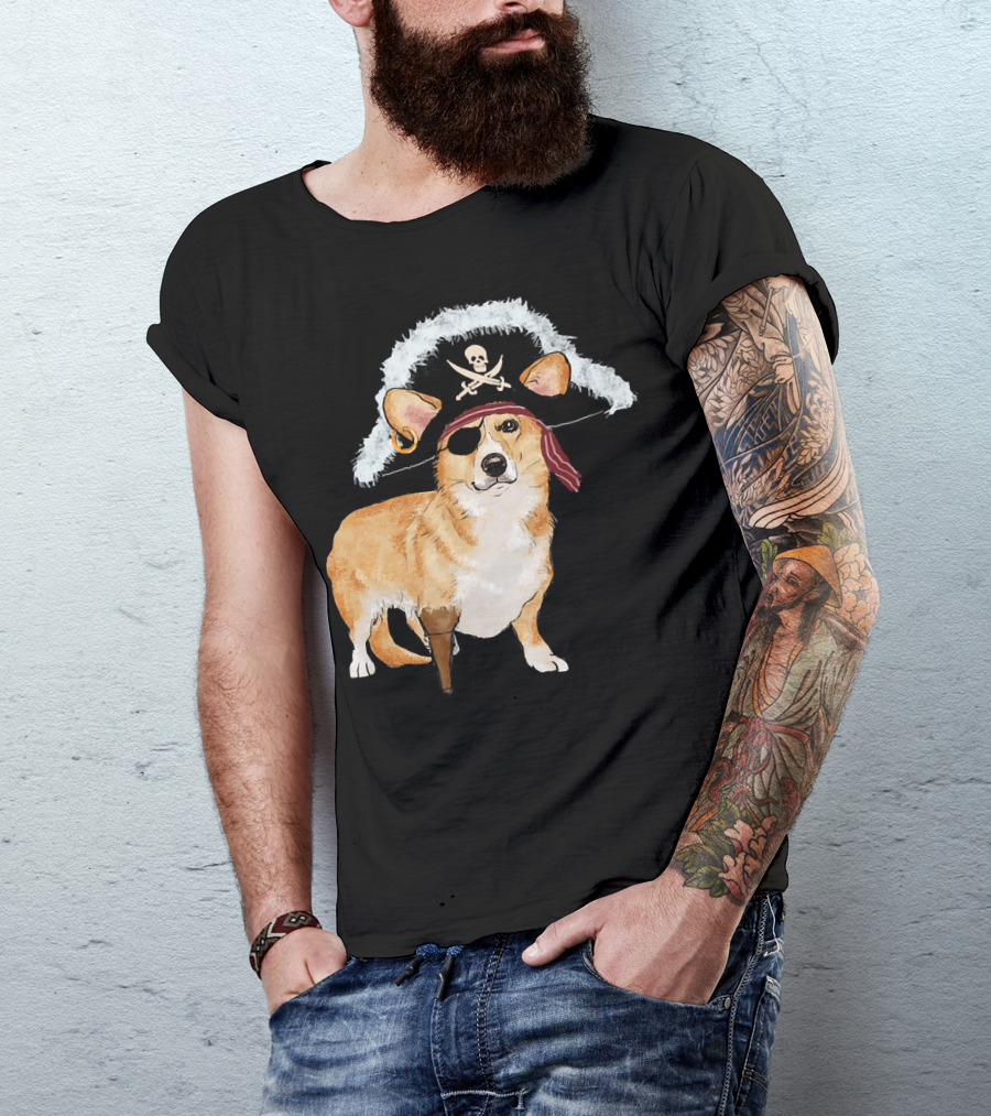 Funny Pirate Corgi Halloween Dog Lovers Skull Eyepatch Hat T-Shirt