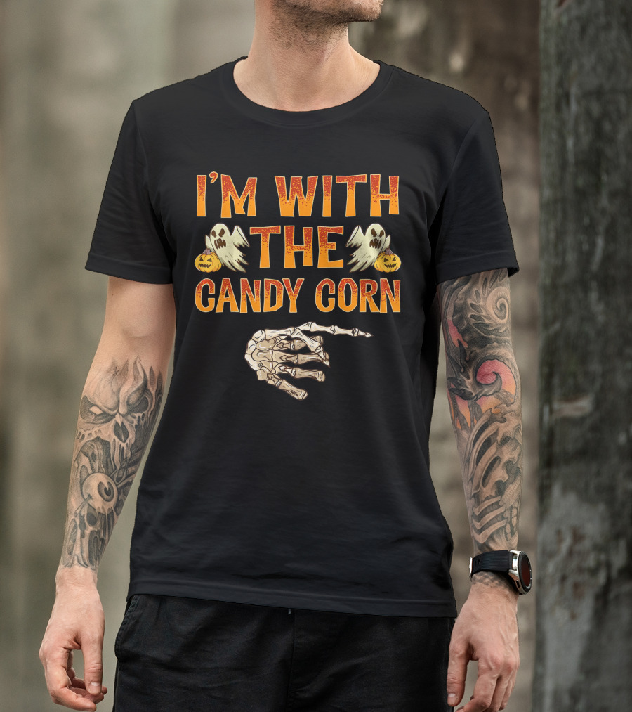 I'm With The Candy Corn Halloween Skeleton Hand Ghosts Pumpkins T-Shirt