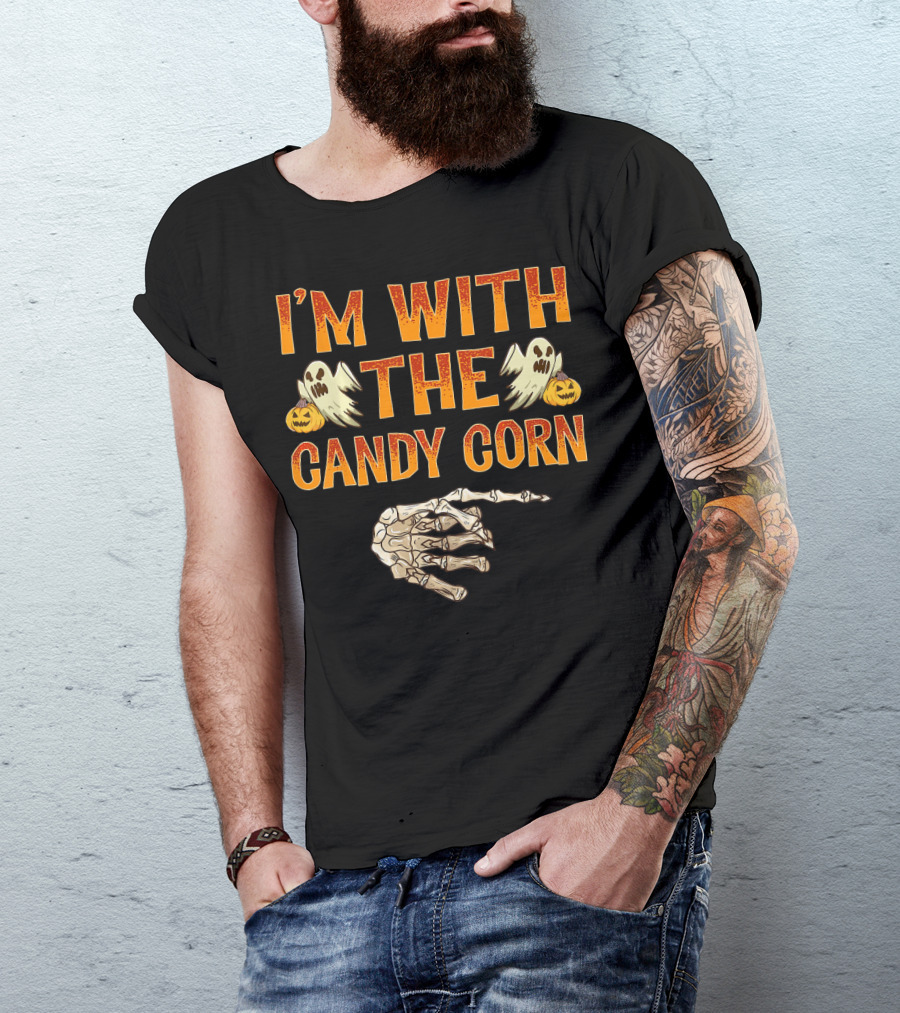 I'm With The Candy Corn Halloween Skeleton Hand Ghosts Pumpkins T-Shirt