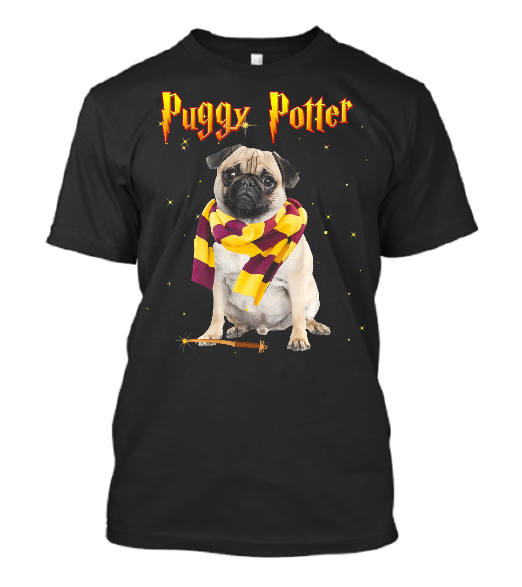 Puggy Potter Magic Wizard Pug With Scarf And Wand T-Shirt
