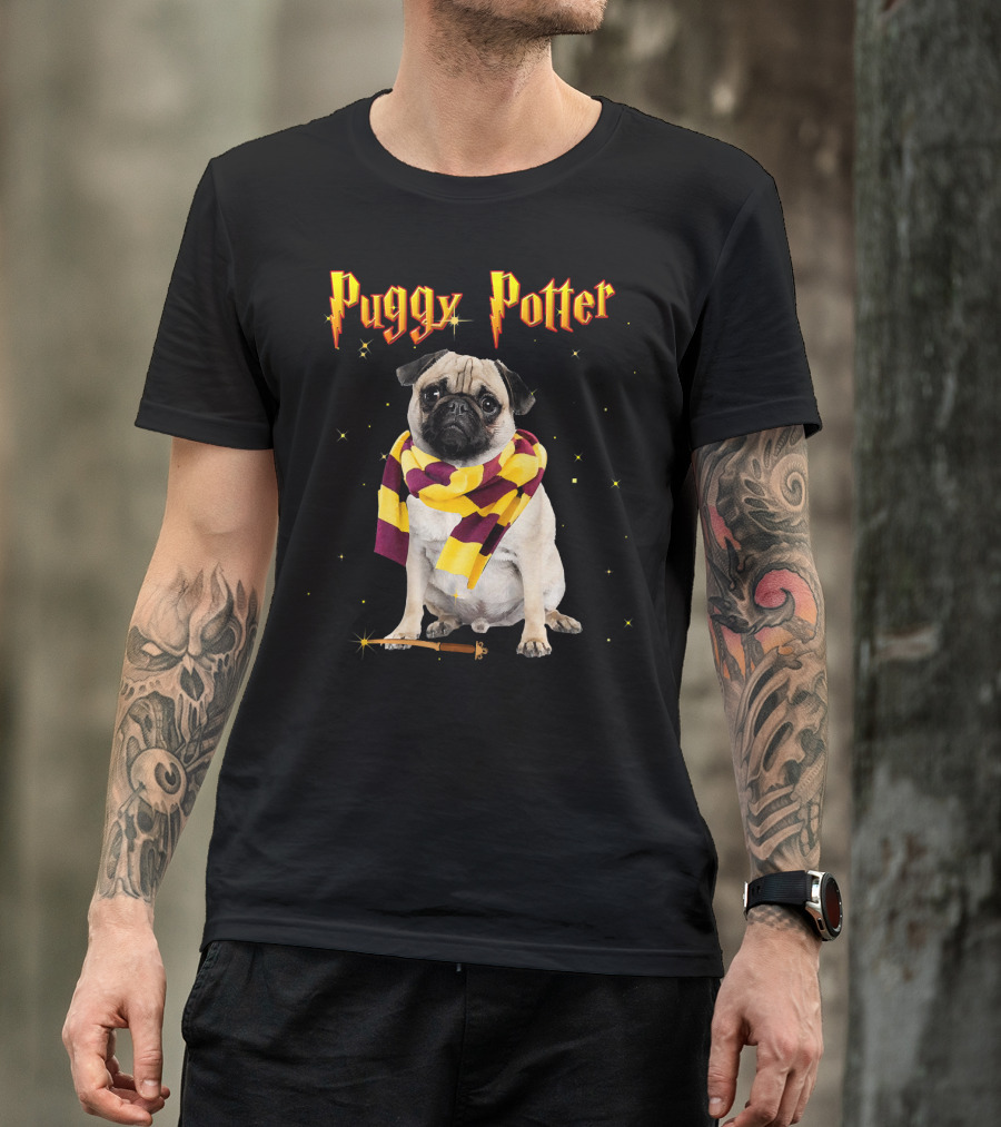 Puggy Potter Magic Wizard Pug With Scarf And Wand T-Shirt