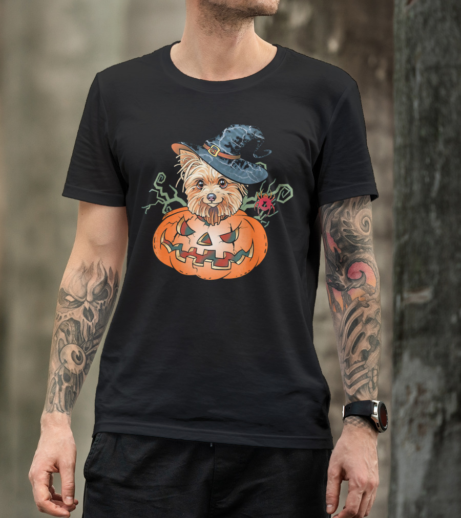 Yorkshire Terrier Witch Hat Pumpkin Halloween T-Shirt
