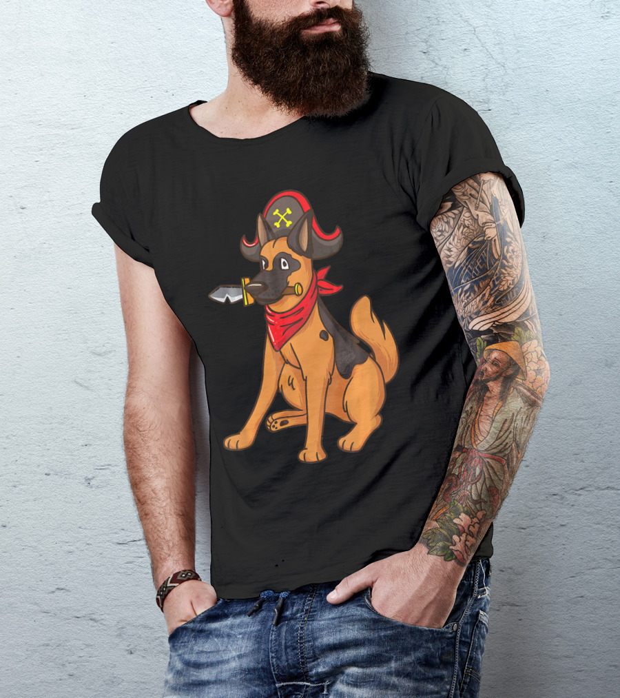 Pirate German Shepherd With Red Bandana And Hat For Halloween T-Shirt