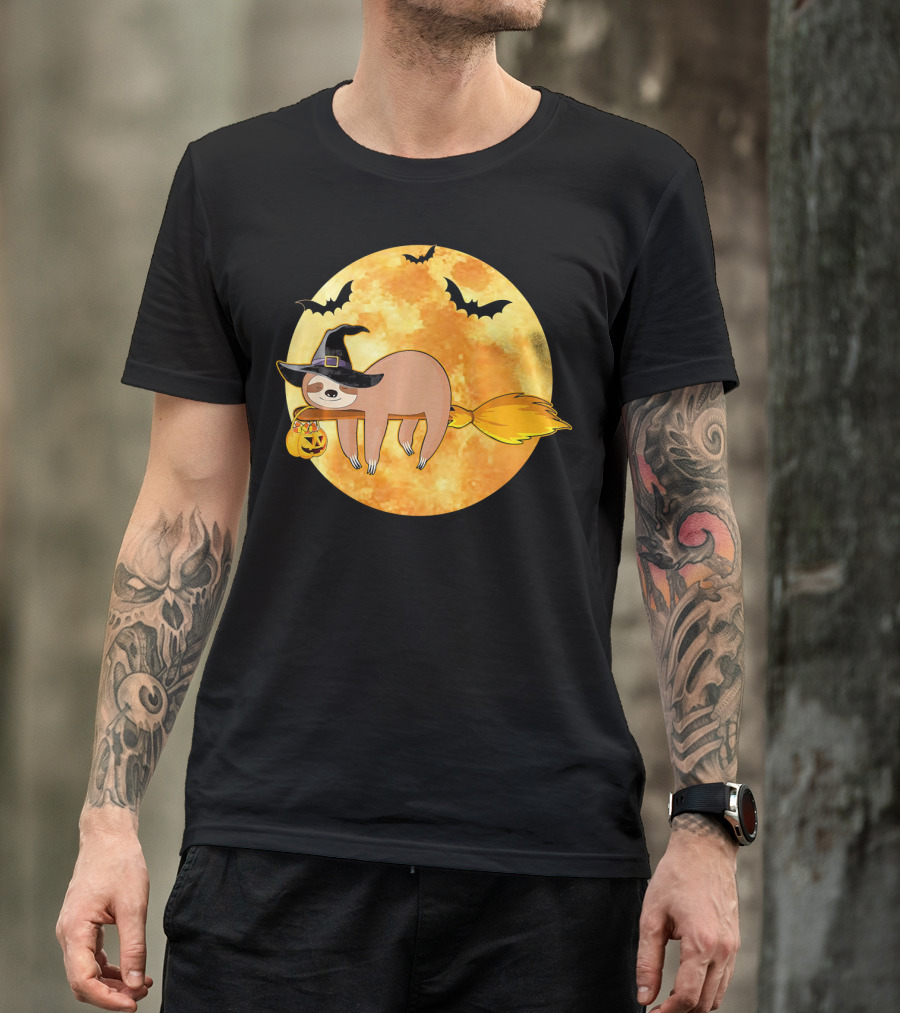 Lazy Sloth Riding Witches Broom With Pumpkin And Full Moon Background T-Shirt