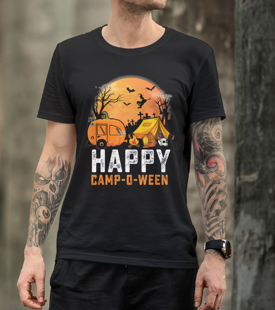 Funny Happy Camp O Ween Camping Halloween Scene With Pumpkin Caravan And Tent T-Shirt