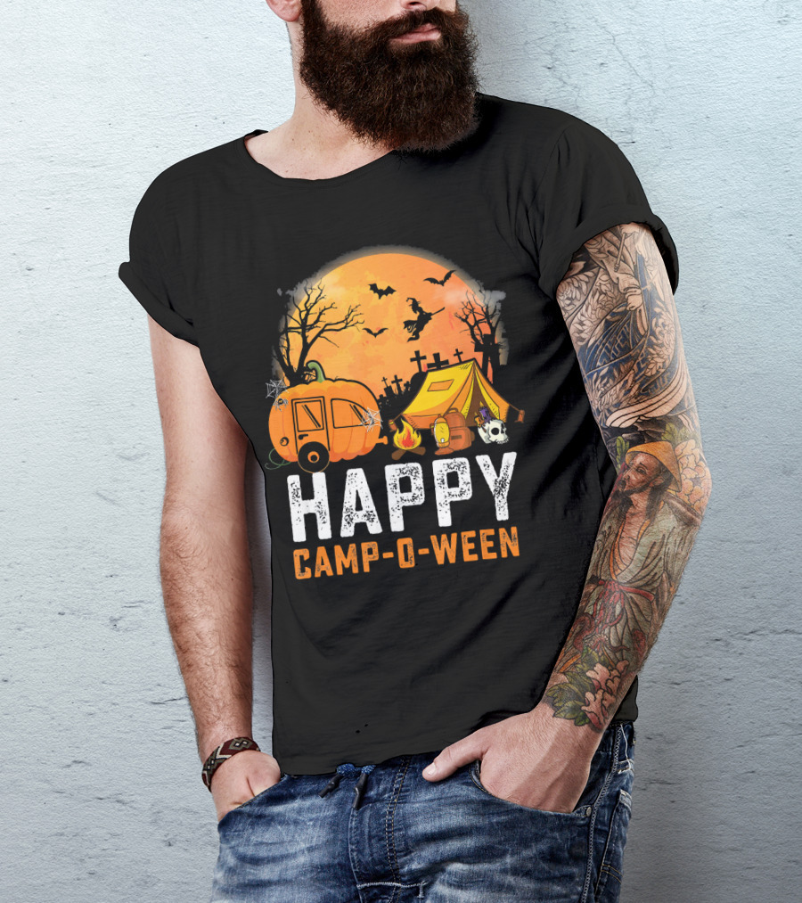 Funny Happy Camp O Ween Camping Halloween Scene With Pumpkin Caravan And Tent T-Shirt
