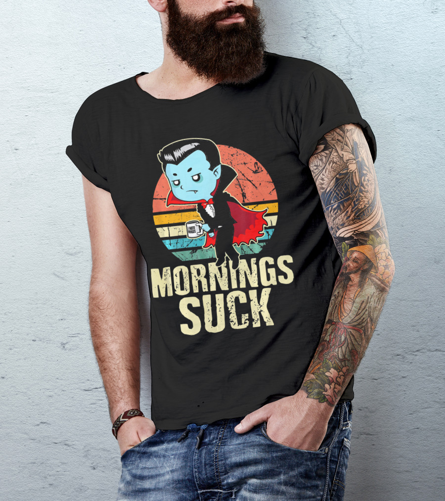Mornings Suck Cute Funny Vampire With I Hate Mornings Coffee Cup T-Shirt