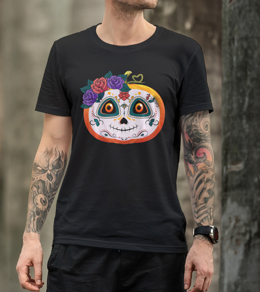 Pumpkin Floral Sugar Skull Jack O Lantern With Flowers T-Shirt