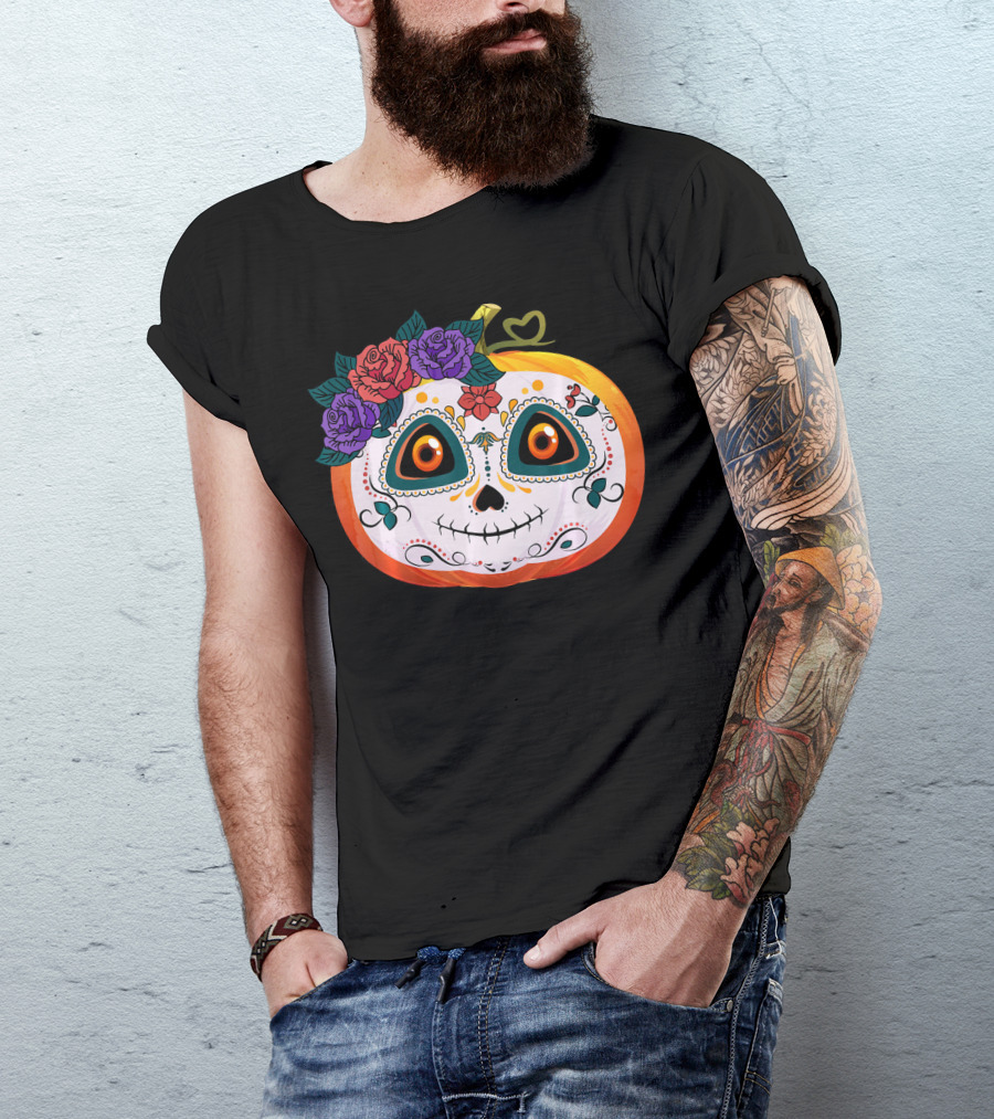 Pumpkin Floral Sugar Skull Jack O Lantern With Flowers T-Shirt